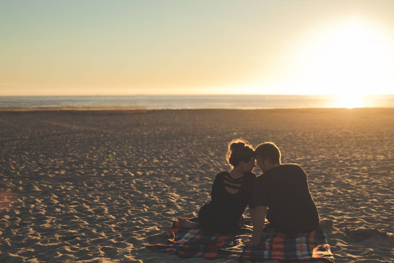 guy, man, girl, woman, people, couple, love, blanket, sunset, beach, sand, ocean, sea
, 