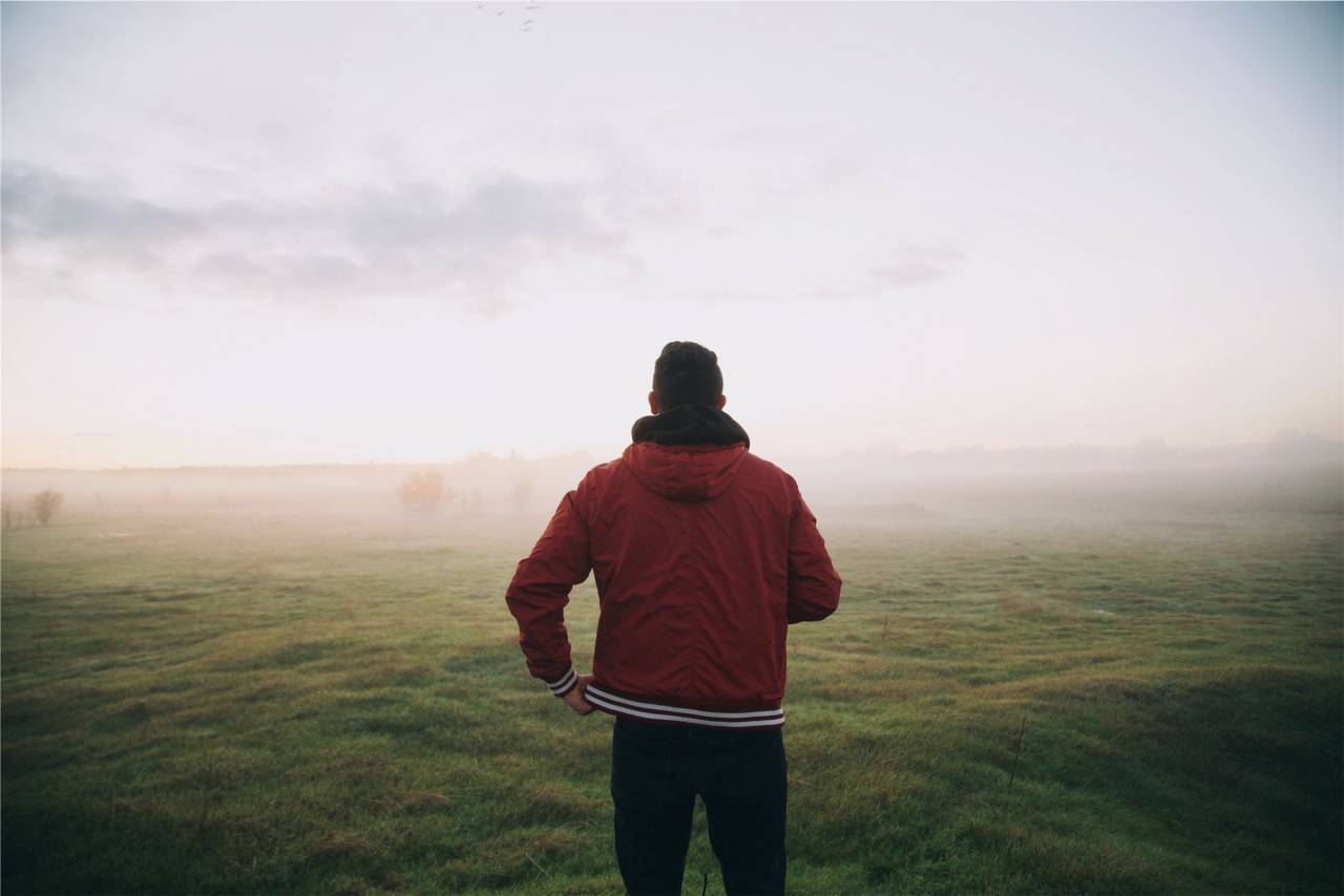 guy, man, jacket, red, hood, grass, field, sky, fog, people
, 