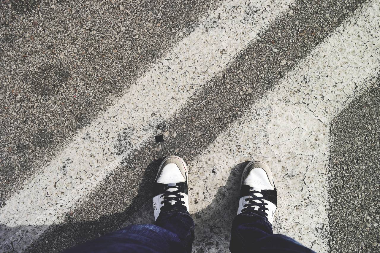 guy, man, male, people, feet, legs, shoes, sneakers, pants, denim, streets, pedestrian, paint, asphalt, direction
, 