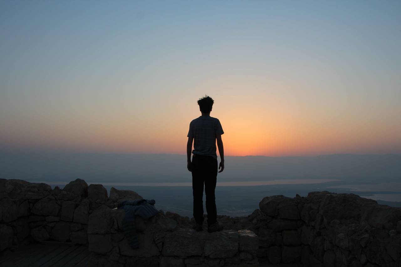 man, guy, adventure, rock, sunset, sea, ocean, back, formation, view, sky
, 