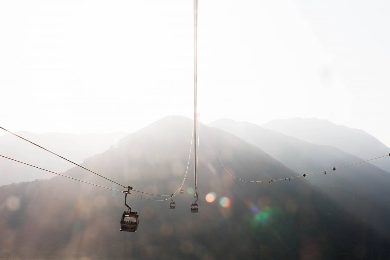 montaña, tierras altas, nube, cielo, cumbre, cresta, paisaje, naturaleza, valle, mañana, amanecer, bokeh, luces, cable, coche, cable, aventura, paseo,