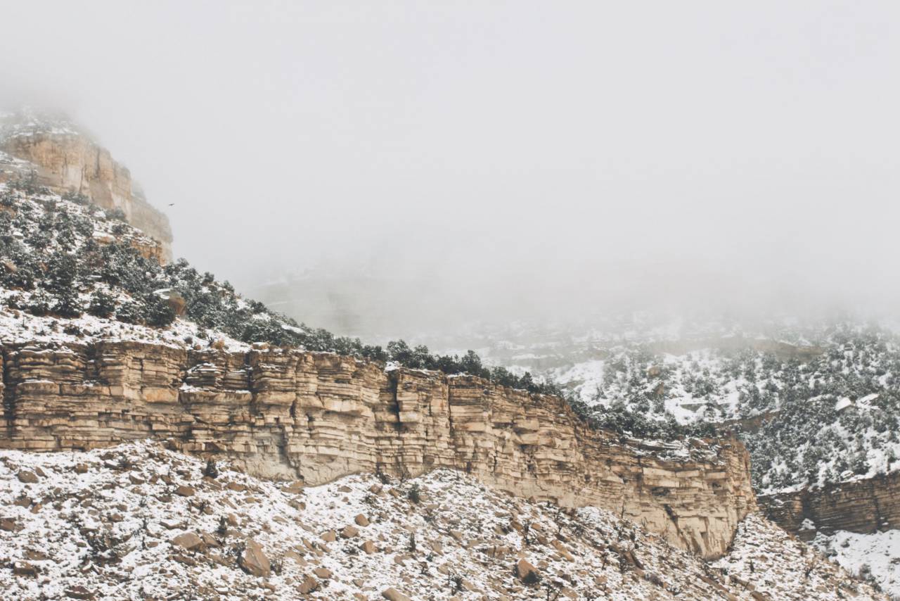 mountains, cliffs, rocks, snow, winter, cold, fog
, 