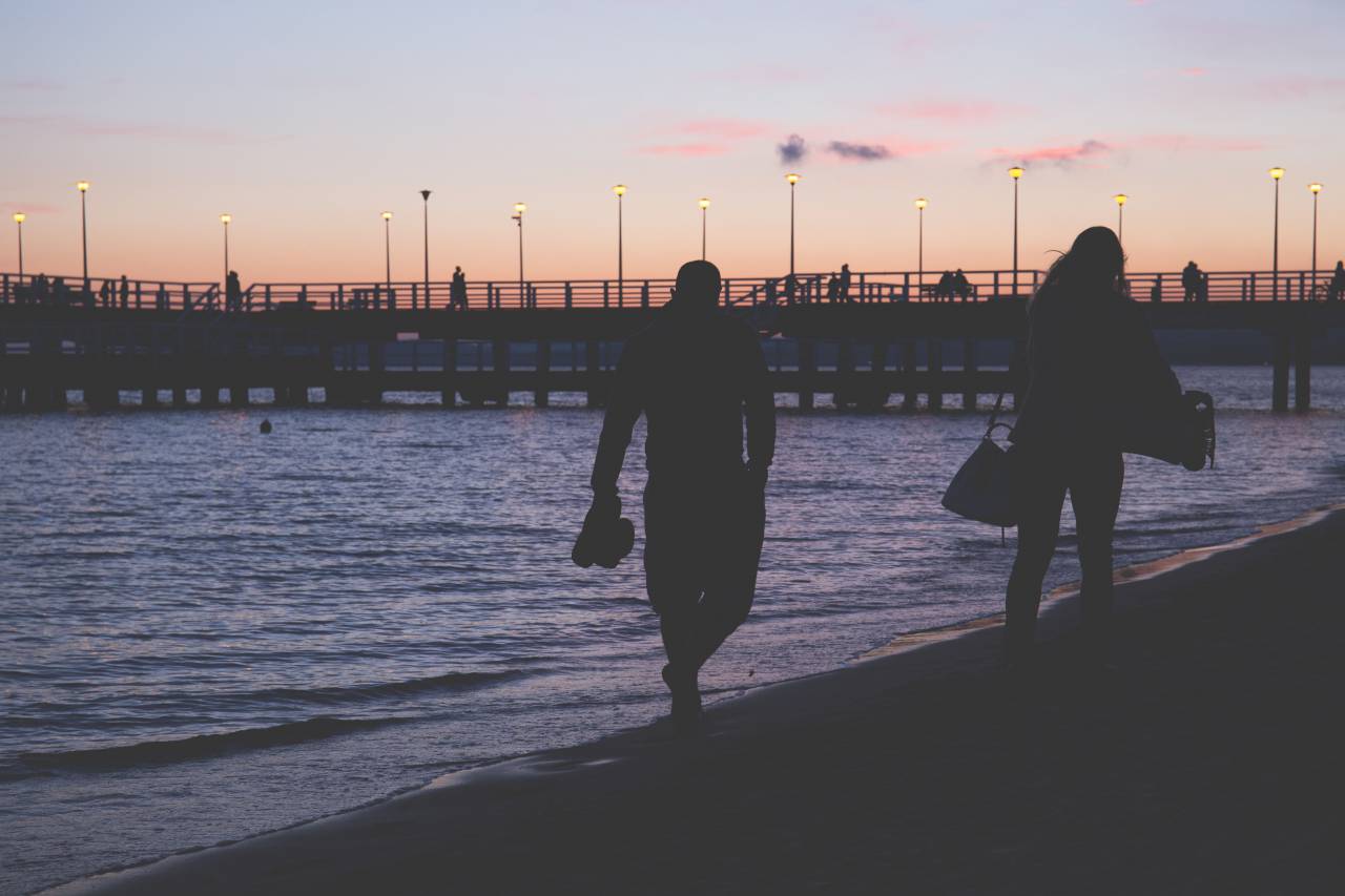 nature, beach, shore, sand, dock, water, ocean, sea, man, woman, couple, people, walking, stroll, dusk, dawn, sky, clouds, silhouette, friends
, 