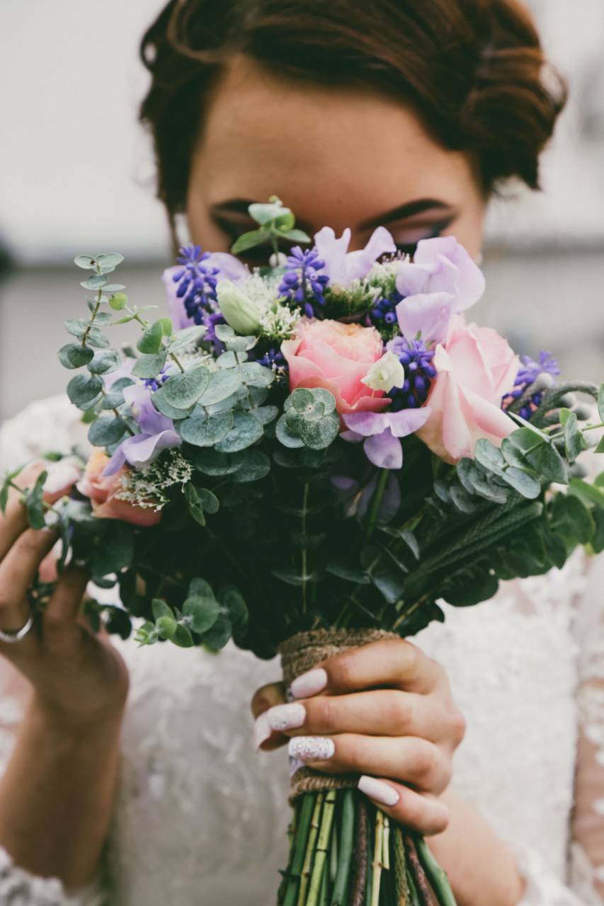 Gente, mujer, novia, boda, vestido, flor, ramo, difuminar,