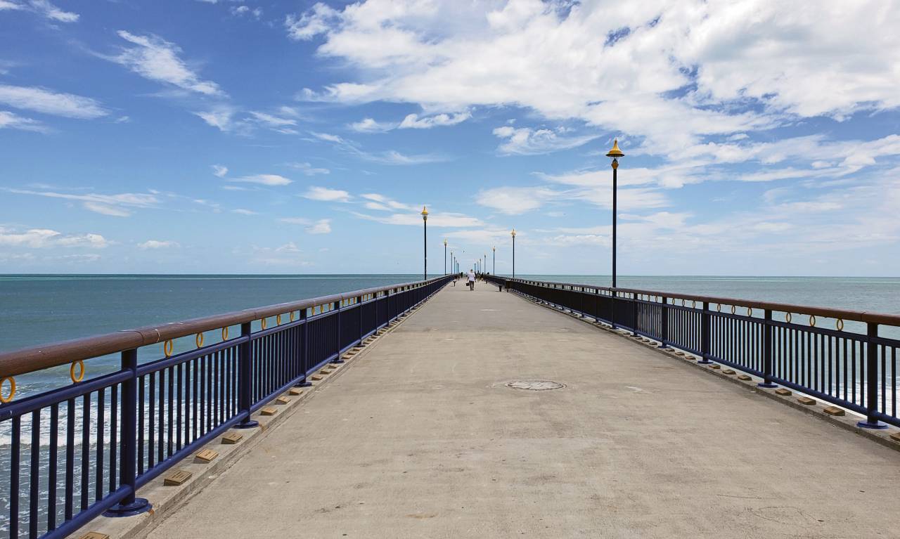 pier, ocean, horizon, sea, water, path, bridge, sky, clouds, blue, landmark, outdoor, travel
, 