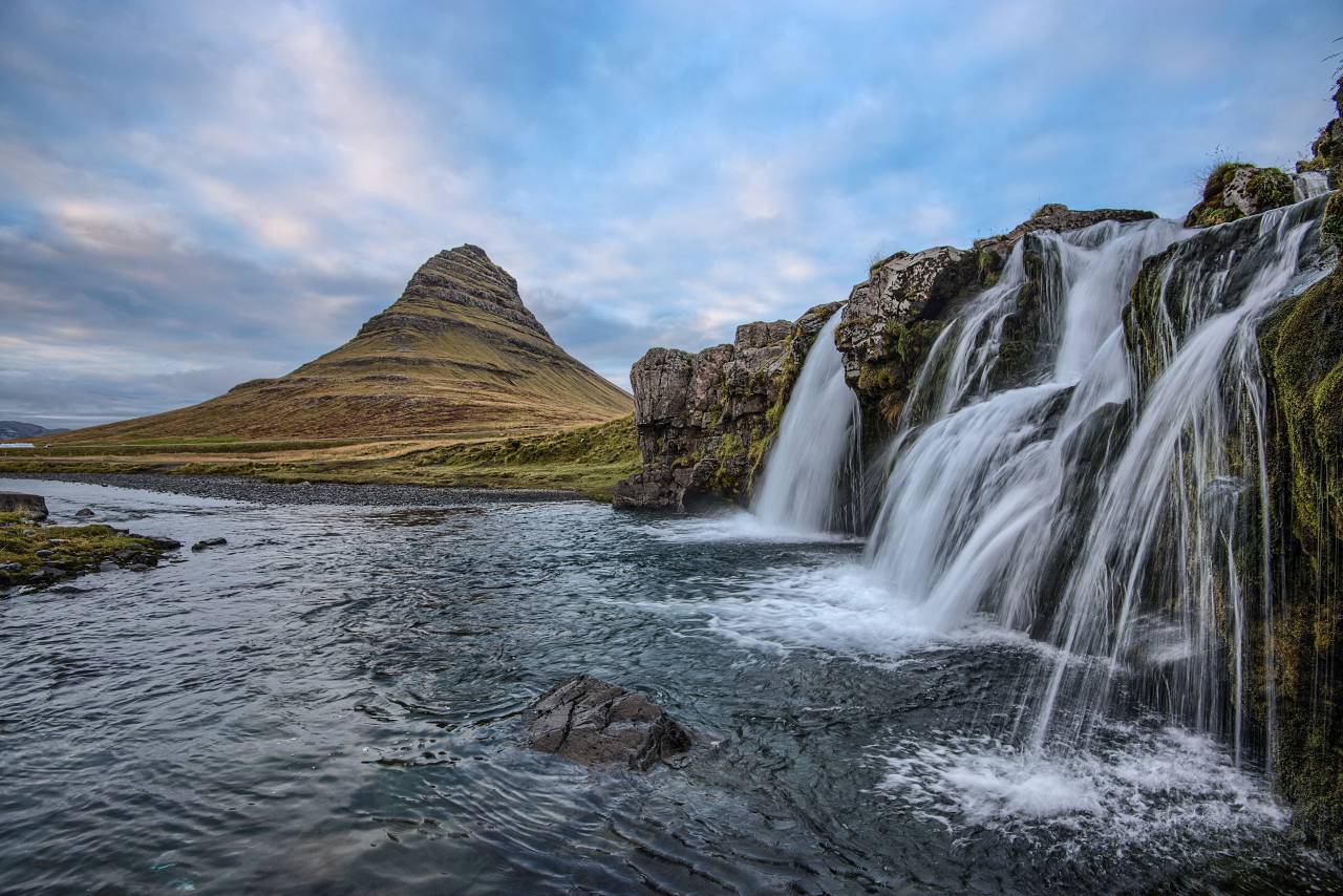 sea, ocean, blue, water, nature, waterfalls, mountain, rocks, cliff, cloud, sky, view, landscape
, 
