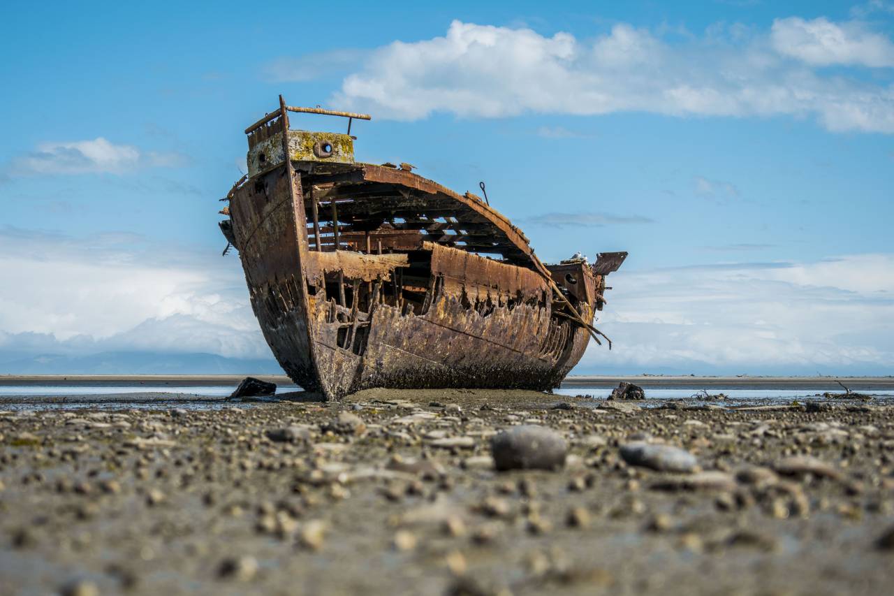 ship, wreck, rust, boat, abadoned, weathered, seashore, aged, sea, ocean, beach, shore, sand, rocks, sky, clouds
, 