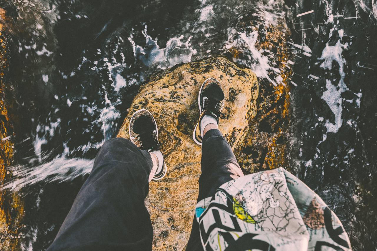 shoes, sneakers, fitness, exercise, pants, lifestyle, rocks, water, river, lake, stream
, 
