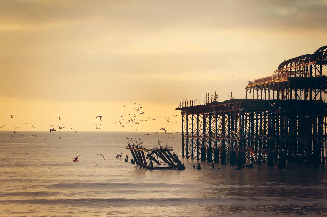 cielo, puesta de sol, pájaros, volador, muelle, madera, muelle, agua, océano, playa, olas, barco, paleta, kayak, canoa,