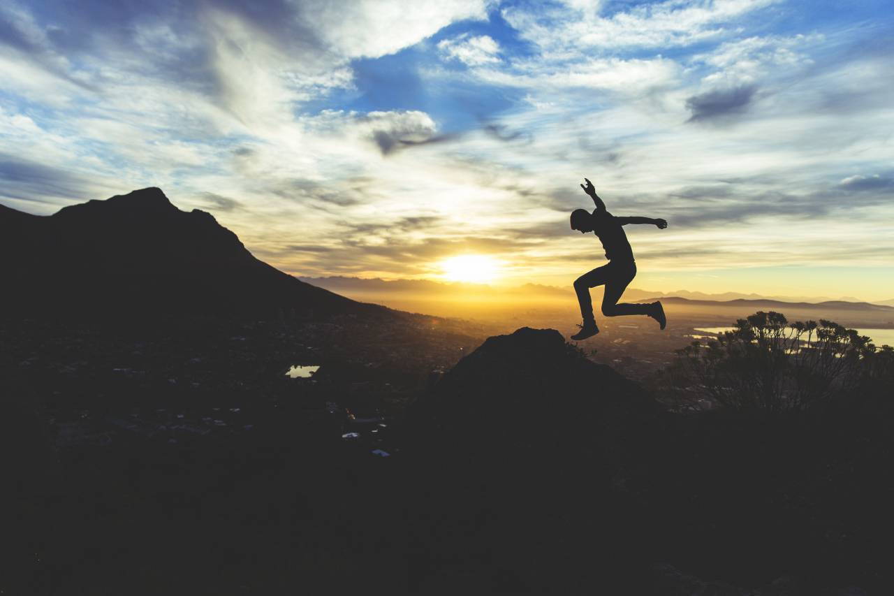 sunset, silhouette, jumping, guy, man, people, landscape, mountains, hills, dusk, sky, clouds, adventure
, 