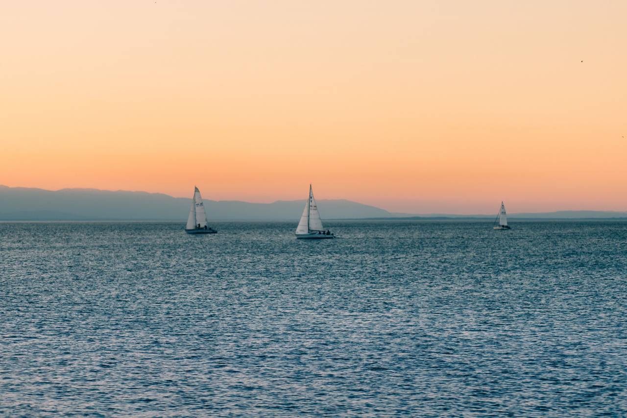 sunset, sky, sailboats, lake, water, horizon
, 
