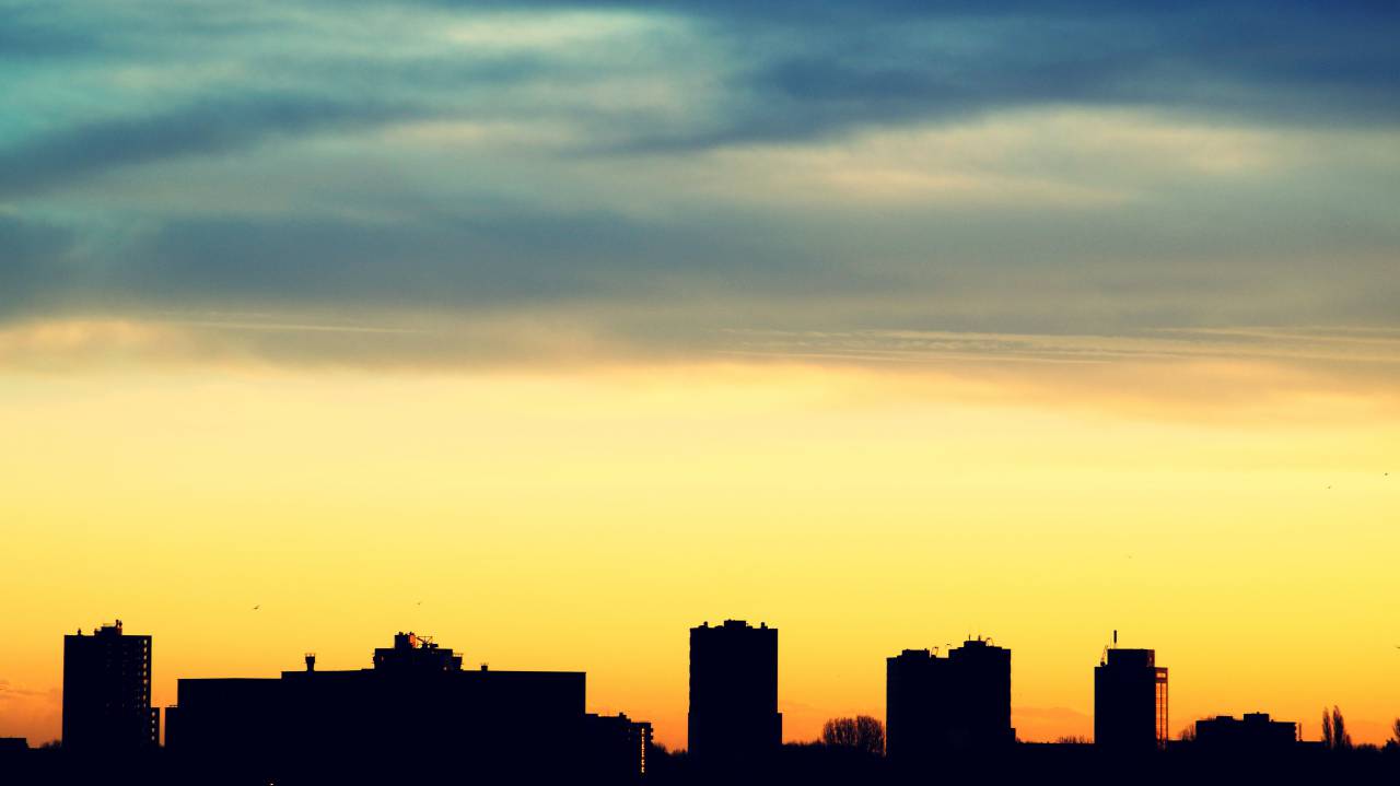 Urbano, ciudad, establecimiento, edificio, estructura, infraestructura, sombra, silueta, puesta de sol, nubes, cielo,