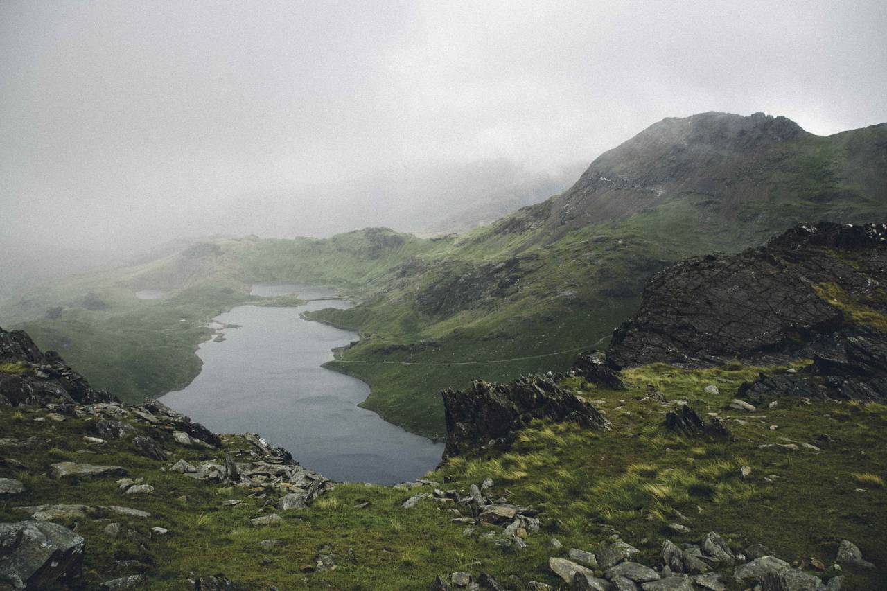 water, lake, hill, mountain, green, grass, rocks, nature, landscape, sky, clouds, outdoor, adventure
, 