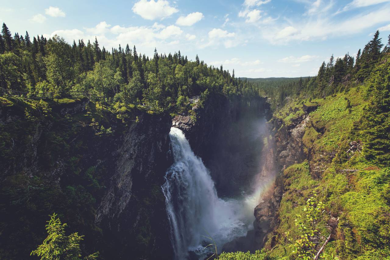 waterfalls, river, water, stream, rapids, rocks, cliffs, landscape, trees, forest, nature, moss, sky, clouds, sunny, mist
, 