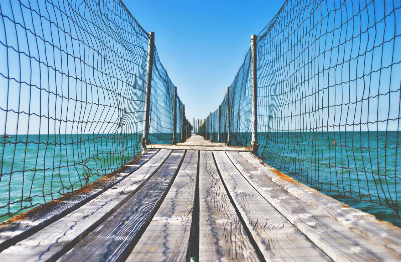 wood, bridge, planks, path, fence, water, ocean, sea, blue, sky
, 