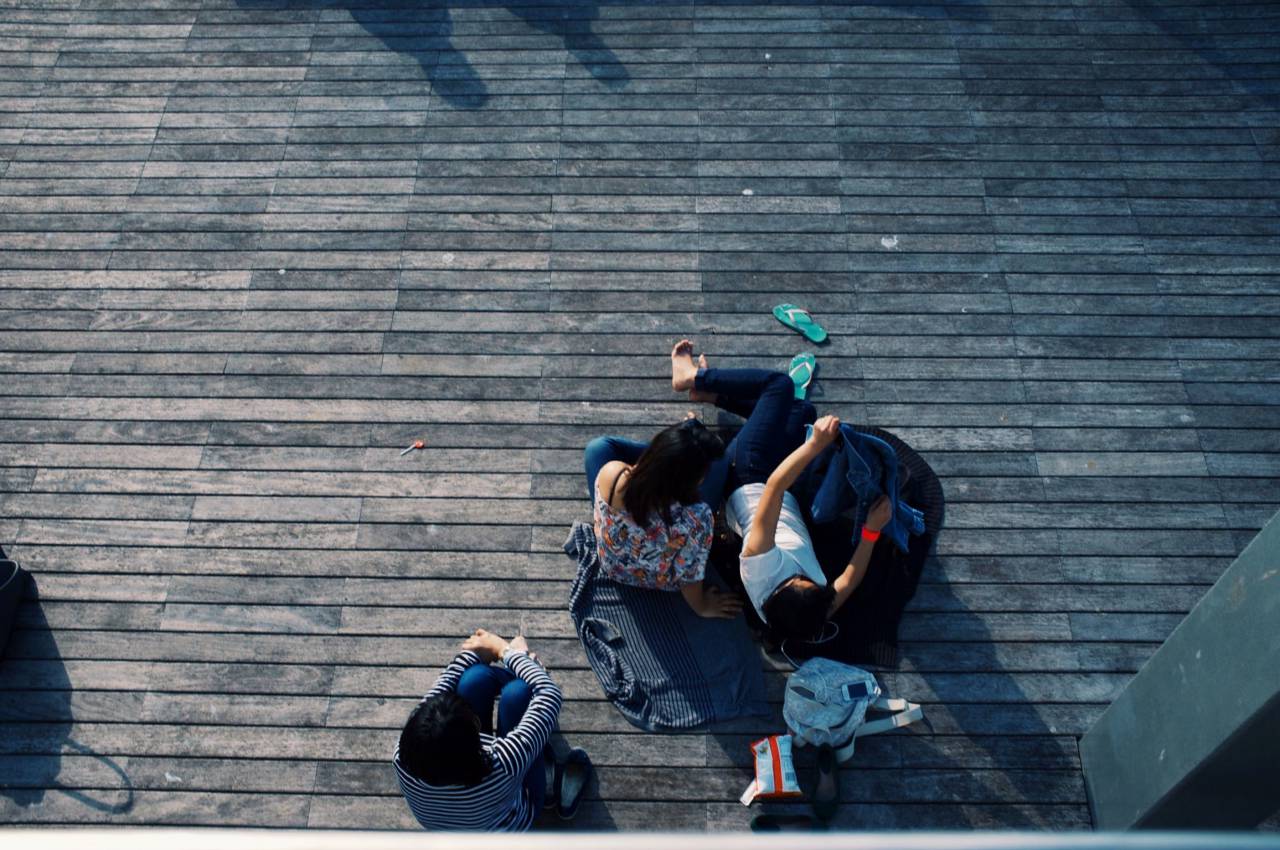 wood, deck, girls, sandals, chips, bag, chilling, sitting, lying down
, 
