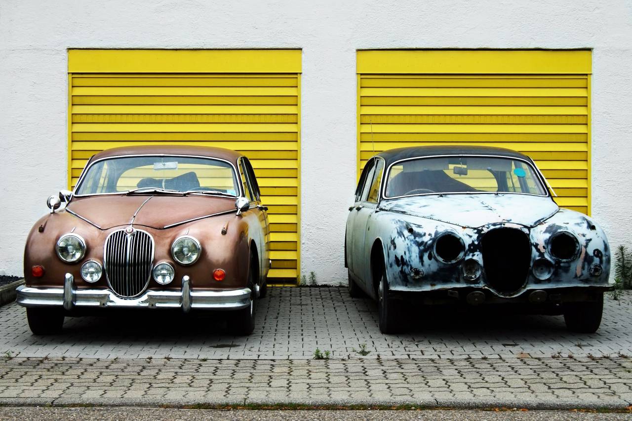 Amarillo, garaje, blanco, camino de entrada, coches, vintage, clásico, faros,