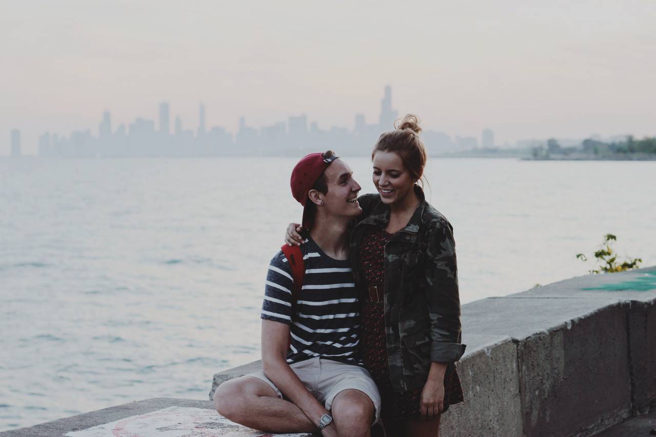 young, girl, guy, people, couple, love, romantic, hat, shorts, tshirt, jacket, dress, camouflage, water, skyline
, 