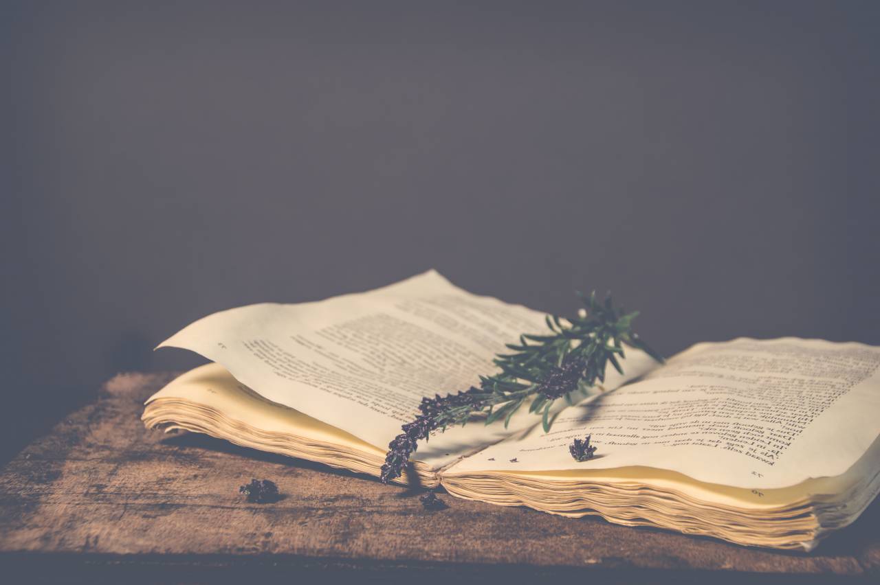 Antiguo, libro, mesa, lavanda, leer, escribir, palabras, rústico, vendimia,