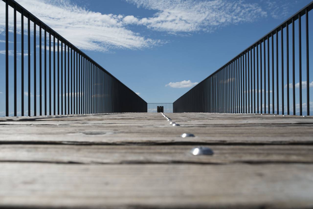 architecture, structures, bridges, baluster, steel, modern, art, paths, wood, panels, floor, screws, lines, perspective, patterns, sky, clouds
, 