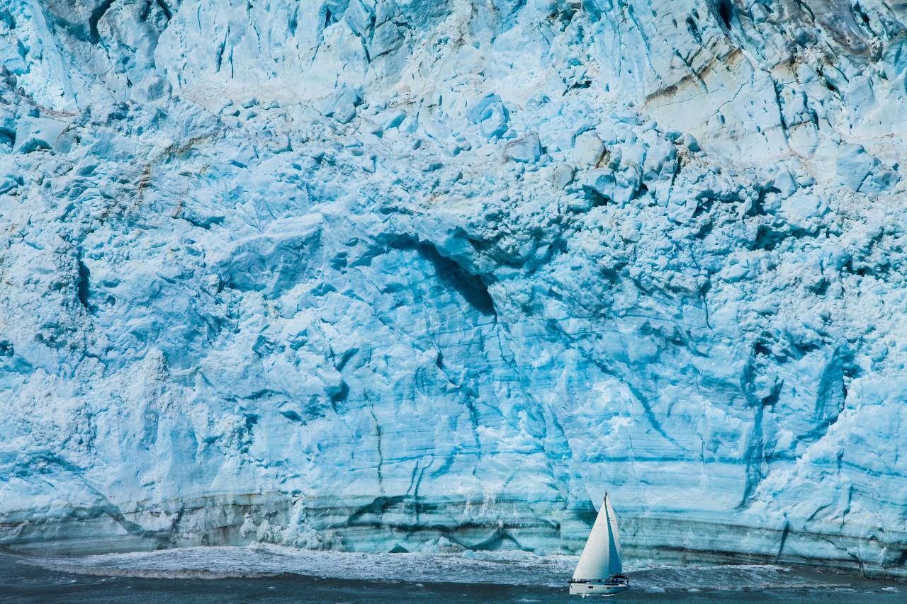 Barco, vela, barco, agua, transporte, iceberg, acantilado, glaciar,