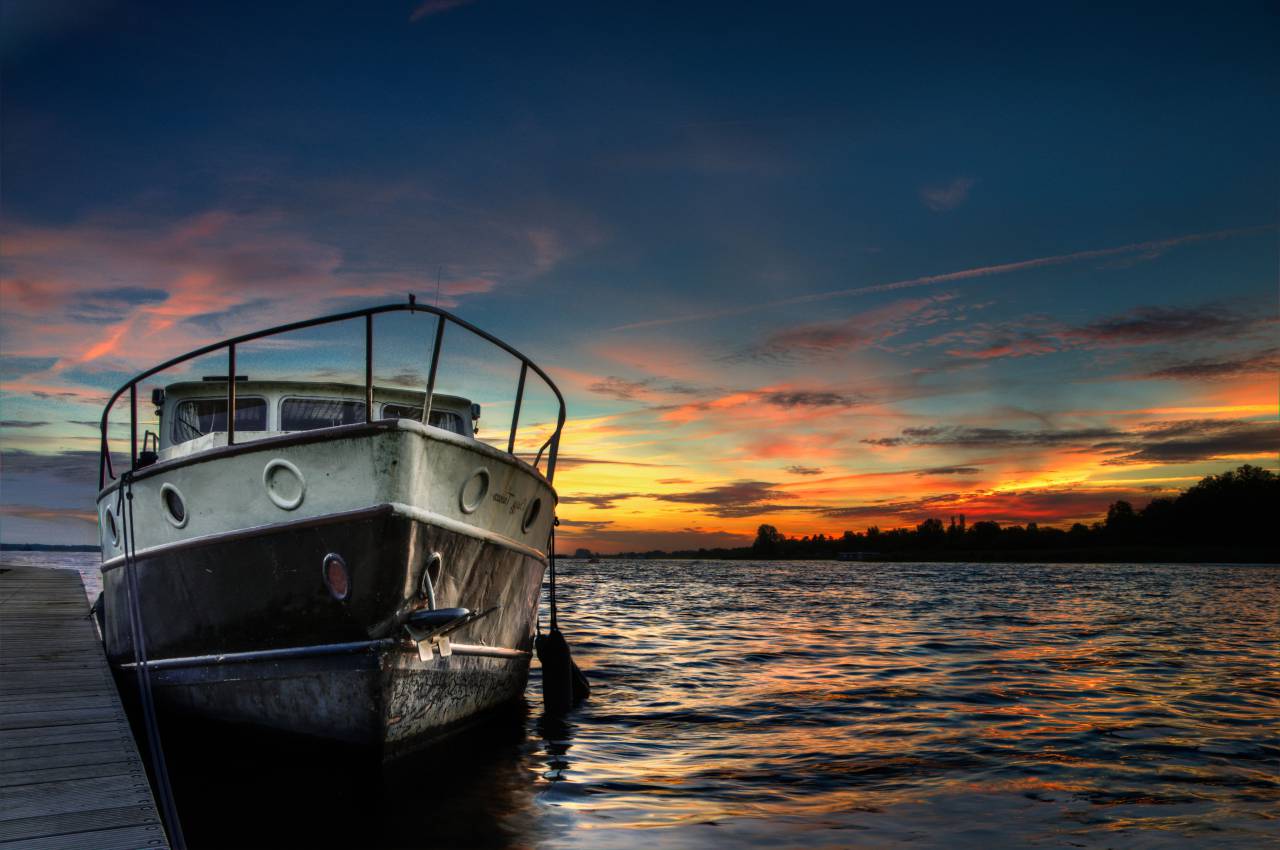 boat, ship, sunset, dusk, sky, clouds, water, lake, dock, hdr, outdoors
, 