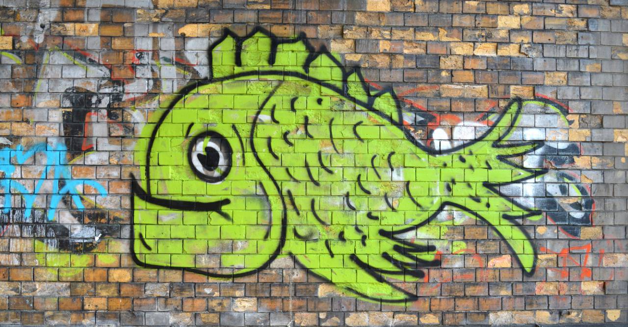 Ladrillos, calle, arte, pintura, aerógrafo, pescado, ciudad, edificio, urbano, artista, pared, exterior, pintura, graffiti, mural, al aire libre,