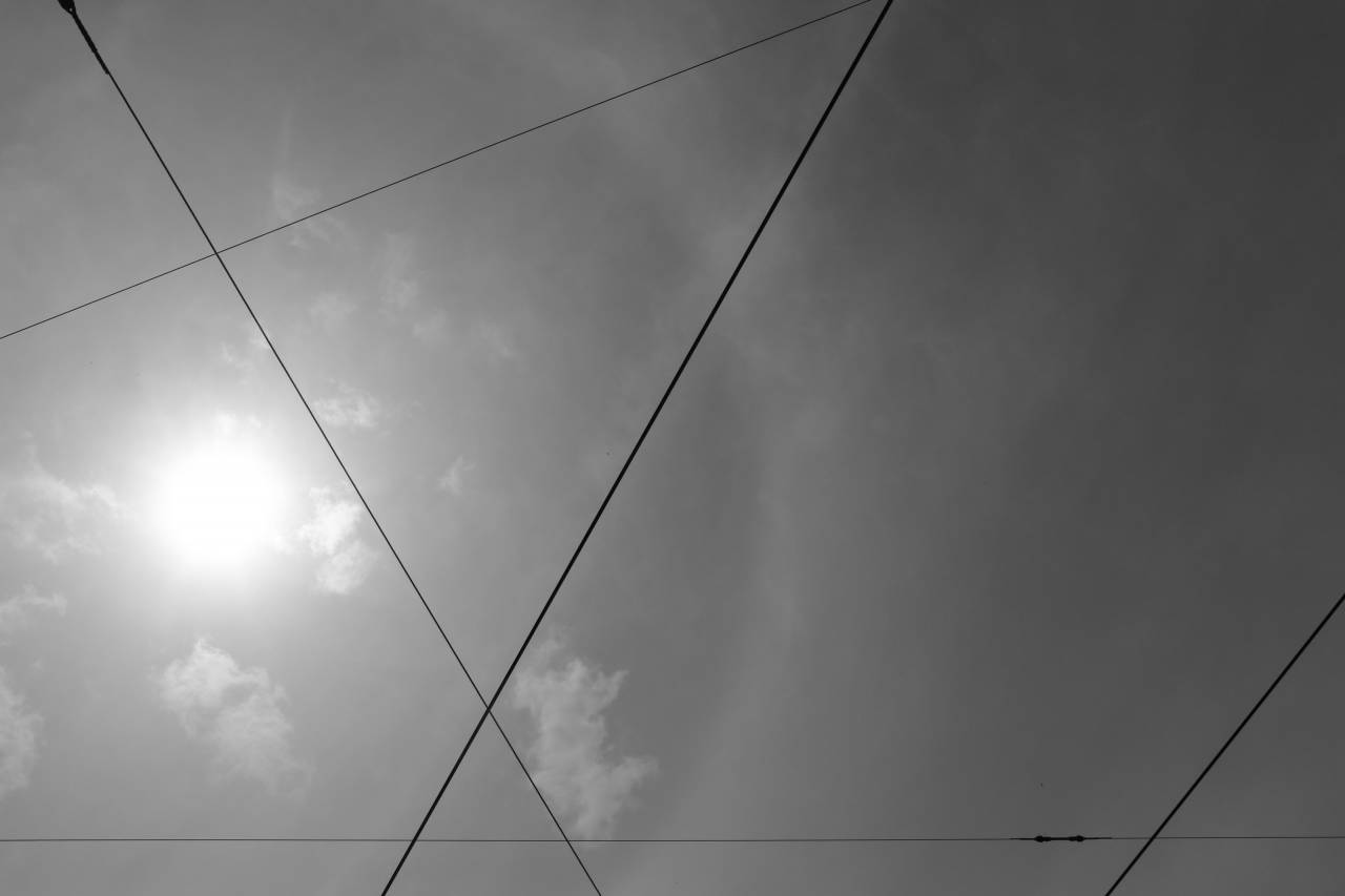 cables, líneas, sol, cielo, nubes,