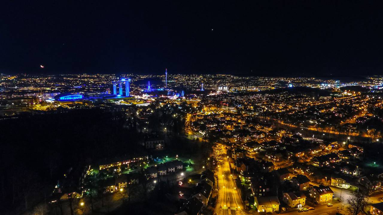 city, urban, road, buildings, vehicle, car, establishment, trees, park, travel, adventure, trip, parking, plants, sky, star, house, street, lights, vehicles, roofs, night, dark, moon
, 