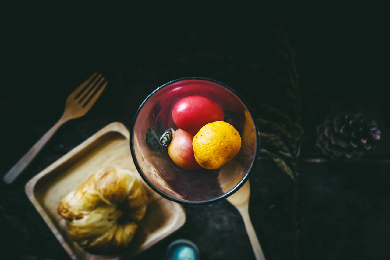 croissant, bread, display, table, glass, fruit, food, wooden, spoon, fork
, 