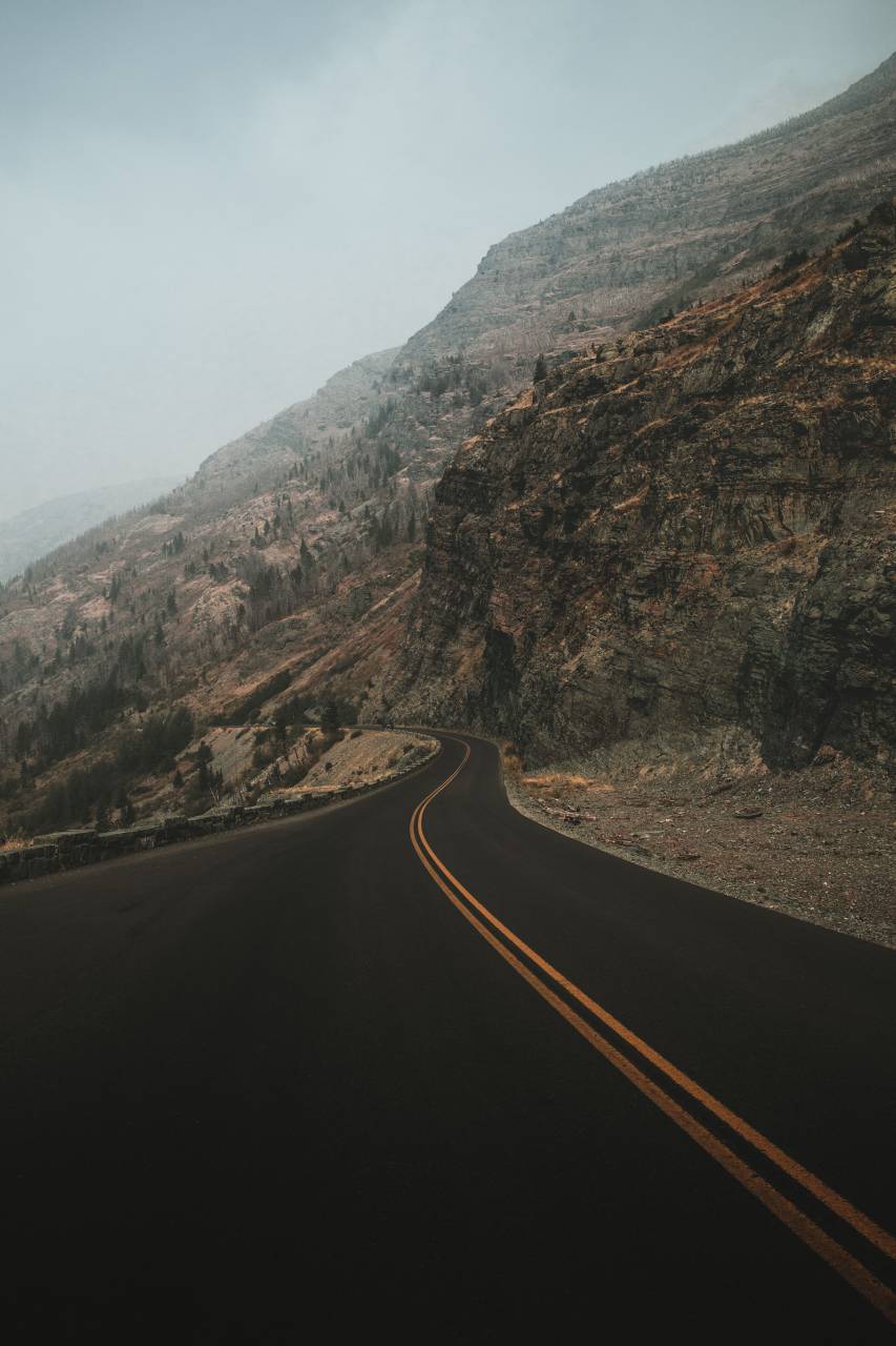 curva, camino de curvas, camino, pavimento, montana, Parque Nacional Glacier, autopista, desierto, suciedad, paisaje, al aire libre, montañas, azul, cielo,