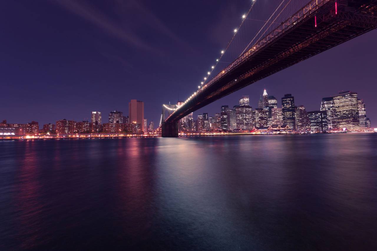 dark, night, purple, lights, bridge, city, skyline, view, buildings, water, architecture, evening
, 