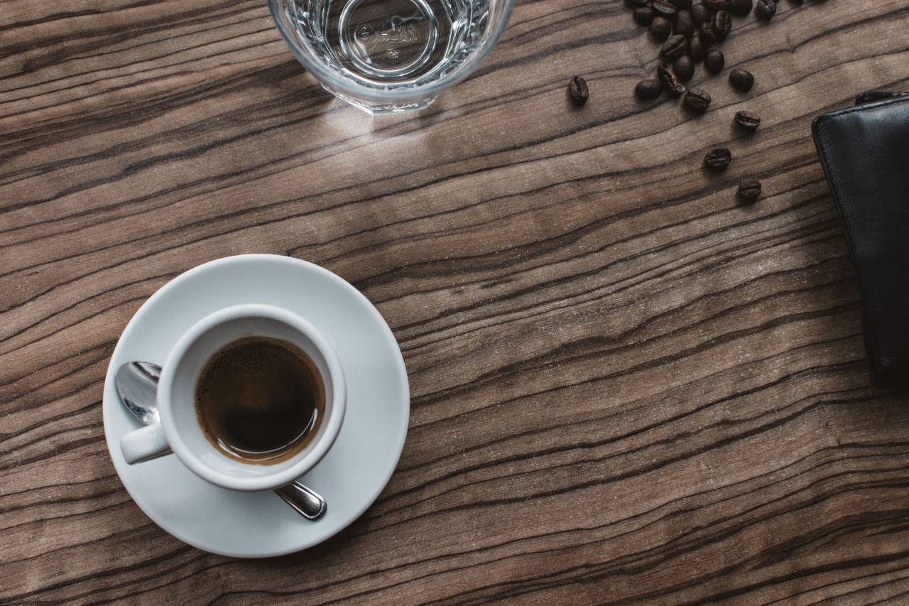 Espresso, café, taza, madera, mesa, vidrio, granos de café, mañana, billetera, café,