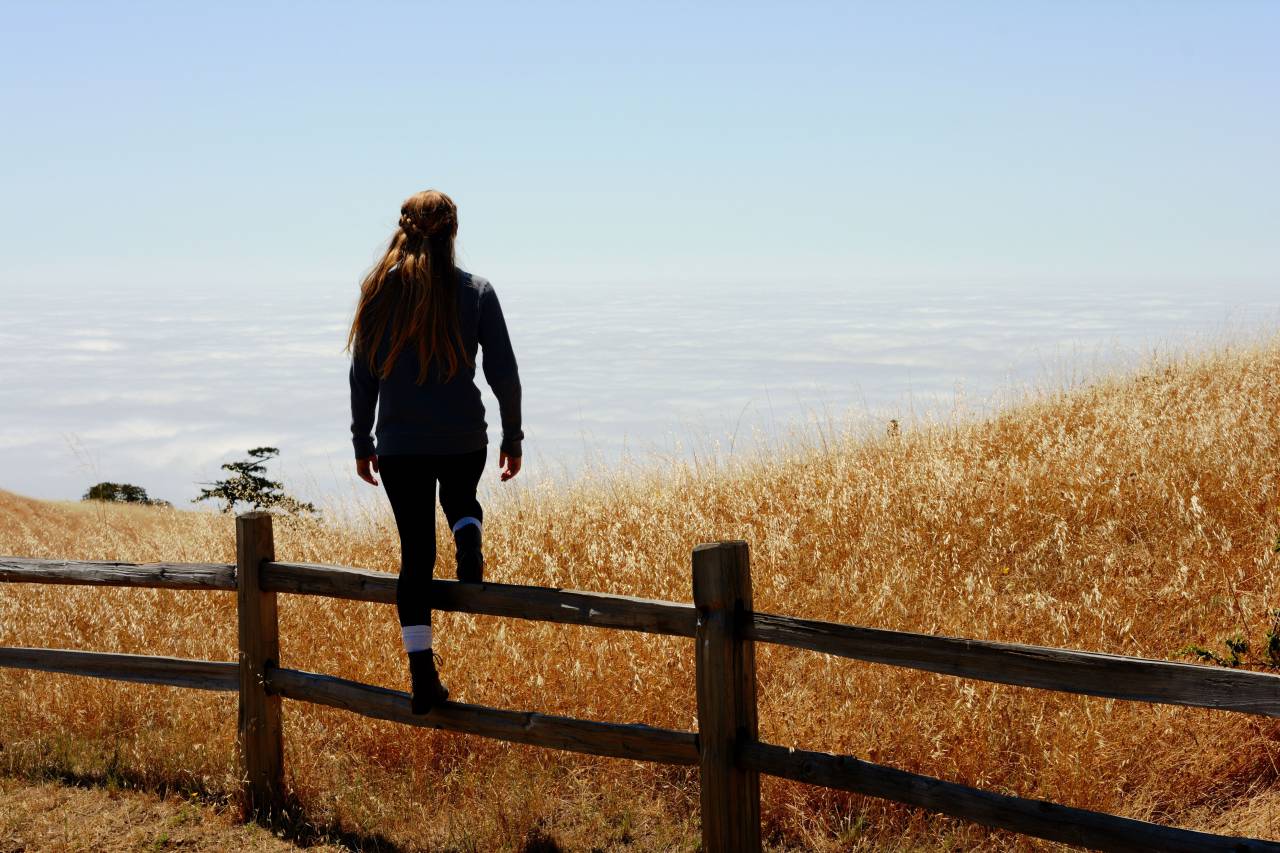 valla, campo, amarillo, césped, rural, naturaleza, aventura, azul, cielo, niña, mujer, pelo largo, morena, sol, paisaje,