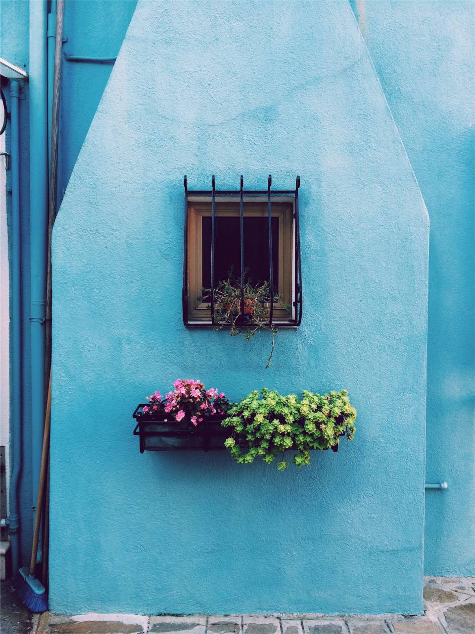flowers, basket, pots, window, bars, blue, wall, house
, 