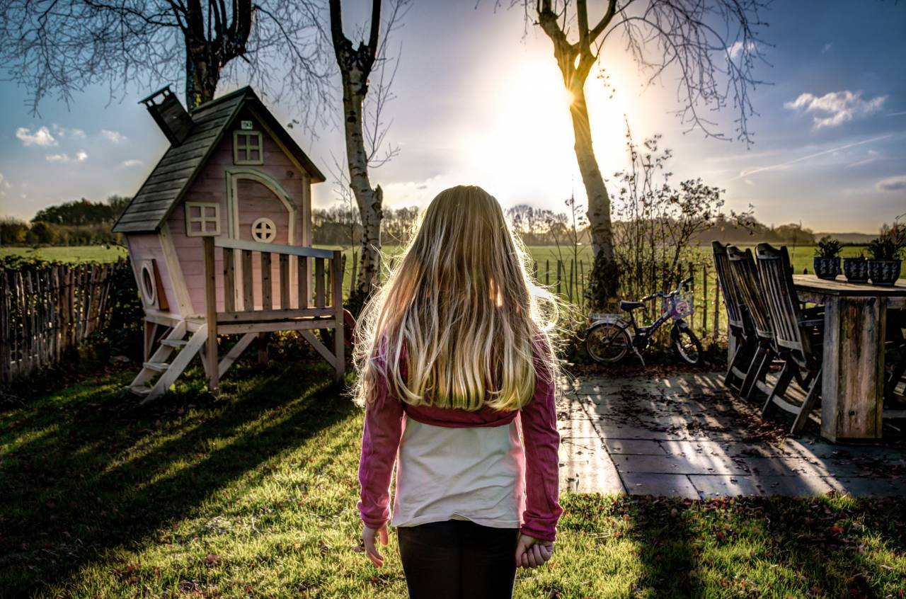 girl, child, kid, daughter, people, blonde, backyard, grass, field, playhouse, trees, sunshine, sky
, 