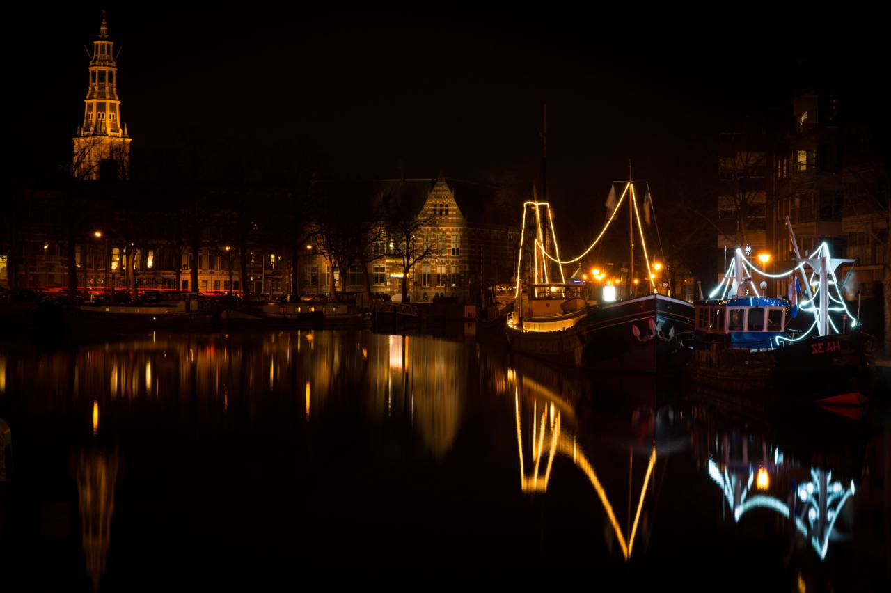 Groningen, Netherlands, night, boats, canal, lights, water, reflection, houses, city, town, dark, evening
, 