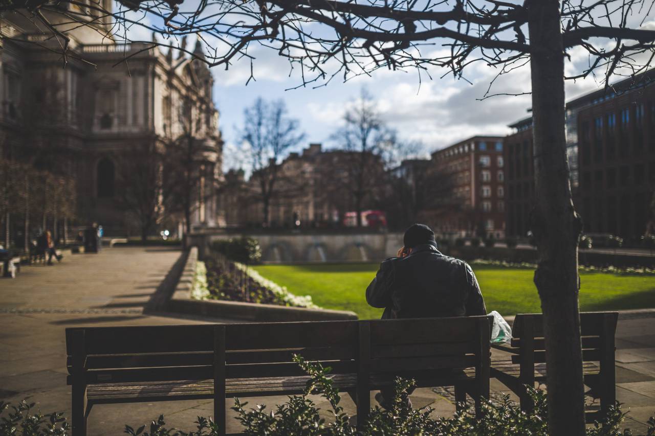 guy, sitting, park, bench, waiting, alone, building, tree, plants, playground, green, grass, sky, sunny, sunlight, people
, 