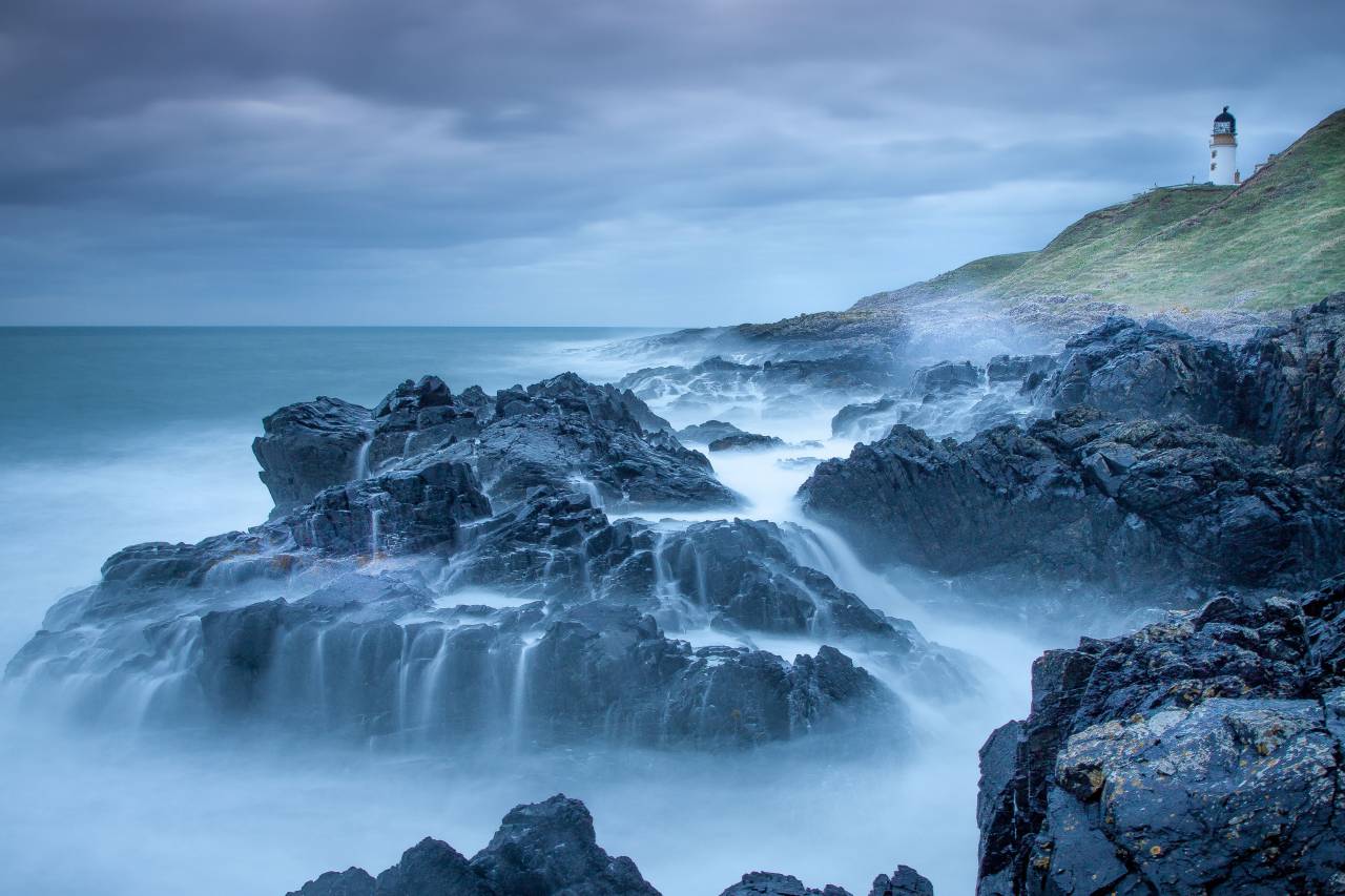 hill, mountain, lighthouse, landscape, grass, nature, sea, water, ocean, waves, coast, rocks, sky
, 