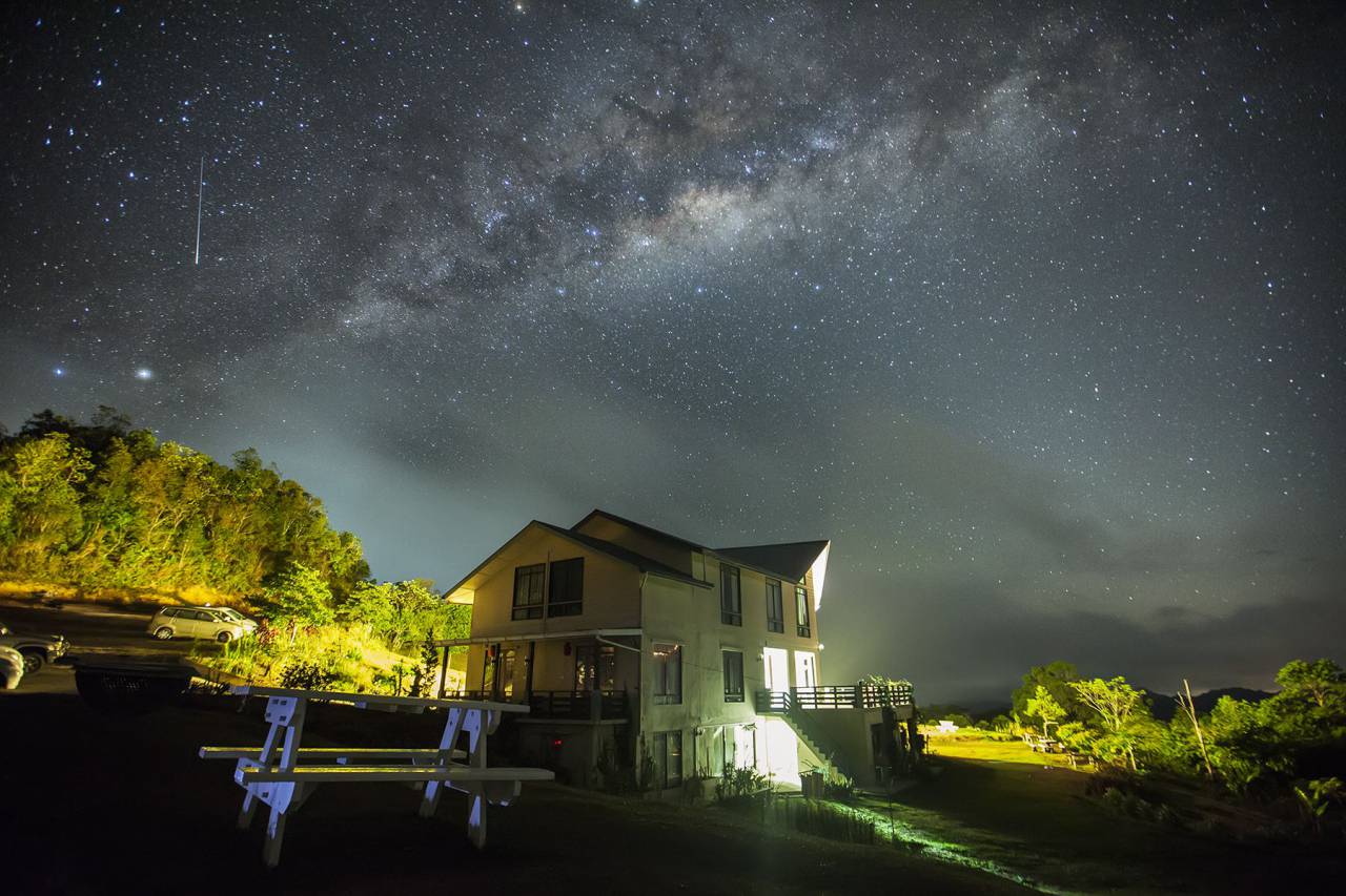 house, car, vehicle, plants, trees, nature, night, dark, sky, stars, galaxies, light, bench
, 