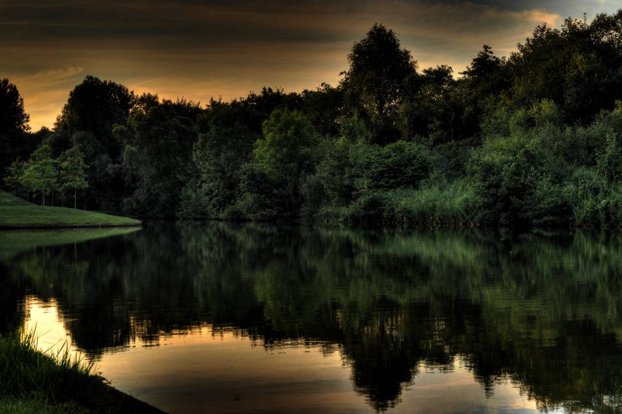 lake, water, reflection, trees, sky, dark, dusk, nature, hdr
, 