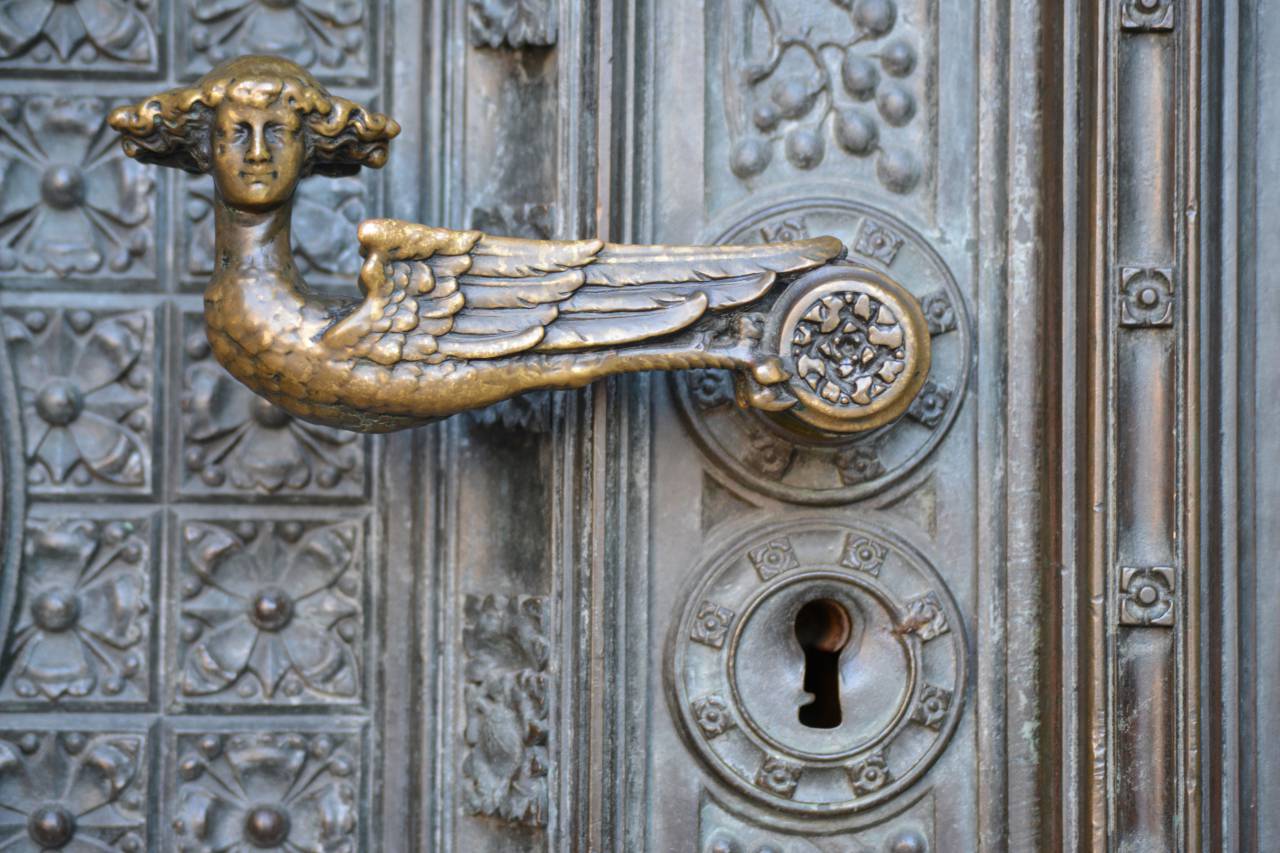 cerradura, puerta, florido, de cerca, ojo de cerradura, pomo de la puerta, diseño, antiguo, antiguo, metal, latón, decoración, arquitectura, escultura, alas,