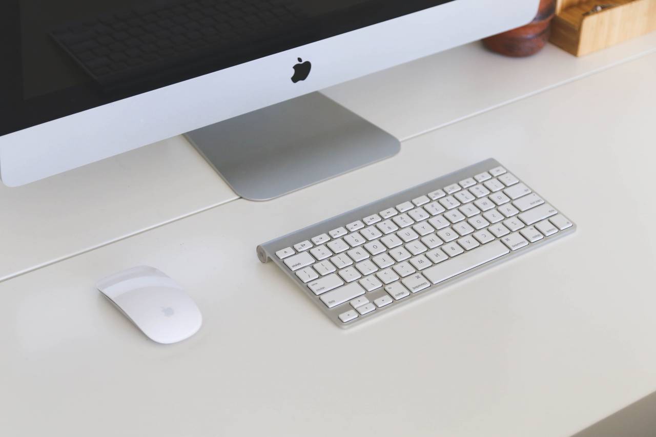 Mac, computadora, escritorio, teclado, mouse, oficina, escritorio, negocios, tecnología,