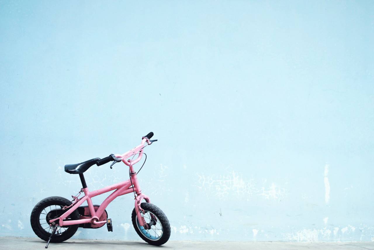 mínimo, parede, azul, bicicleta, criança, menina, rosa, simples,