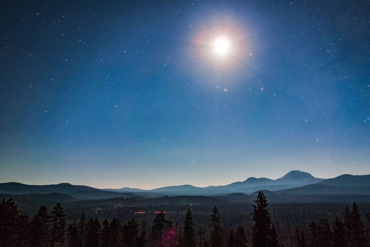 mountain, peak, trees, plant, nature, landscape, highland, view, blue, sky, stars, moon, light
, 