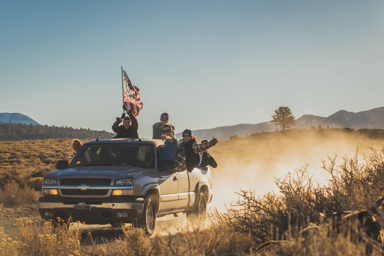 mountain, valley, highland, tree, plant, landscape, nature, grass, sky, car, people, men, ride, travel, trip, adventure, flag, usa
, 