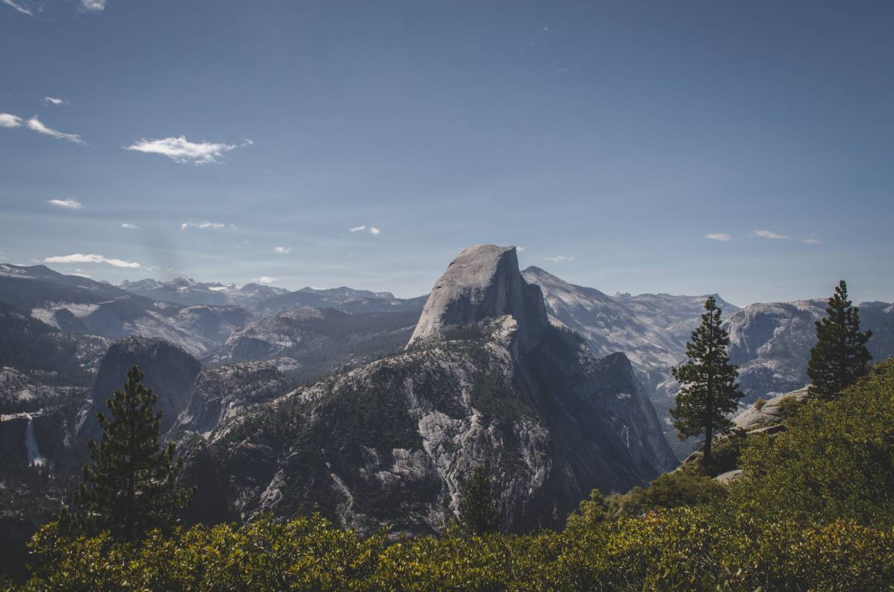 mountains, landscape, peaks, valleys, rocks, cliffs, trees, blue, sky, clouds, sunshine, nature
, 