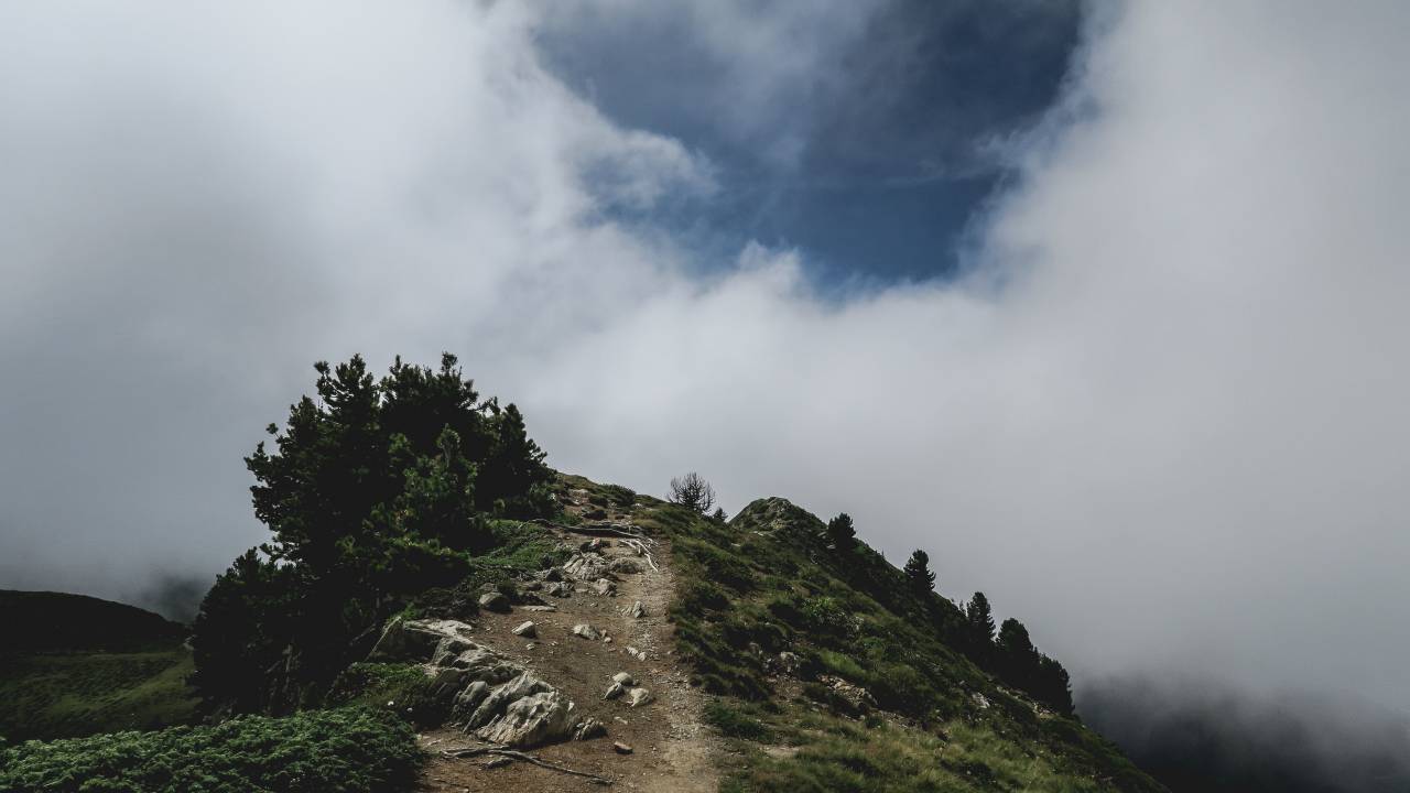 nature, cliff, rocks, stones, roads, paths, trees, bushes, plants, fog, sky, clouds
, 