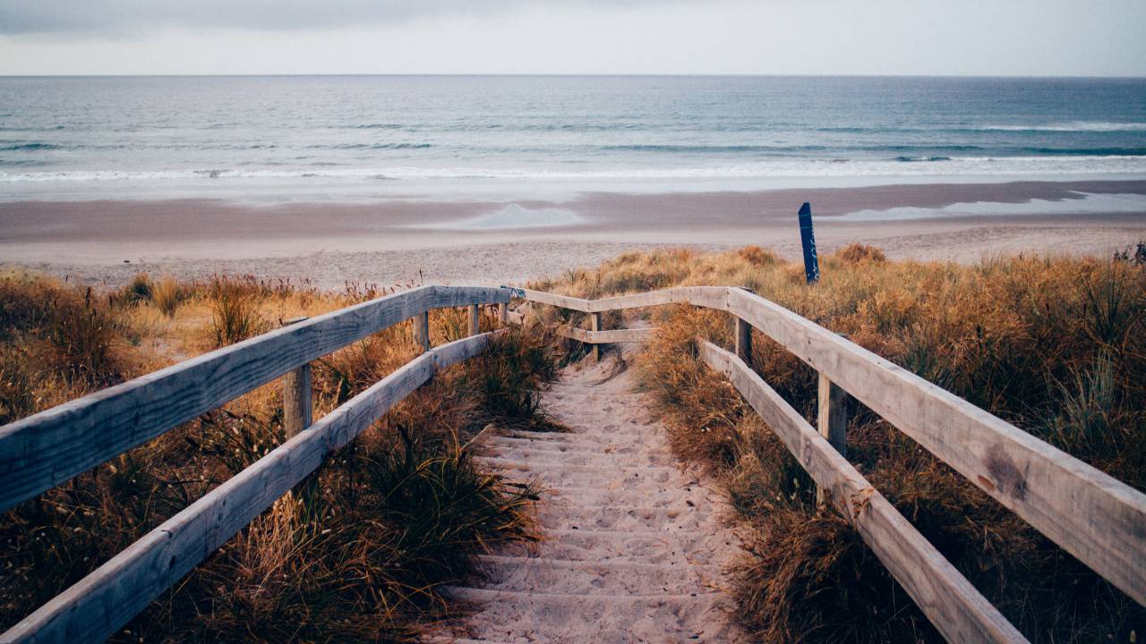 nature, landscape, coast, beach, shore, water, sand, sky, clouds, horizon, plants, grass, vegetation, path, stairs, wood, baluster
, 