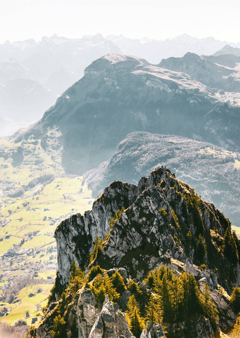 nature, landscape, mountains, slope, summit, peaks, trees, lush, vegetation, clouds, sky, houses, rural, villages
, 